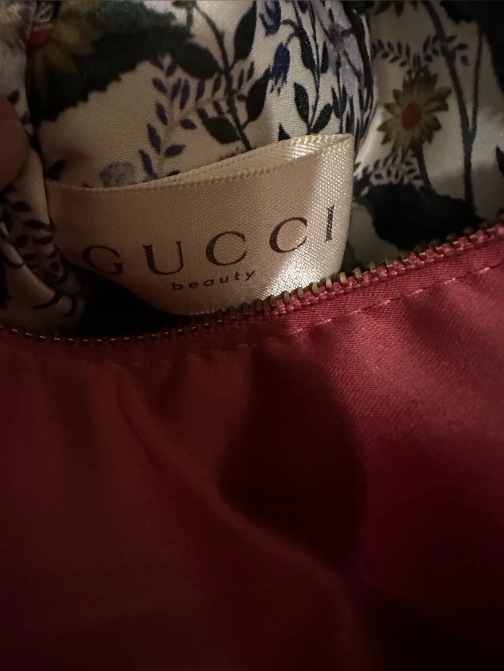 Gucci Pink Satin Beauty Pouch with Gold Logo. 7”W x 6 1/2” H.